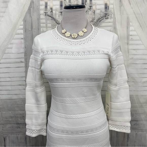 Eliza J Size Small White Pointelle Ruffle Hem Sweater Dress Sleeves Fit & Flare - Picture 2 of 8